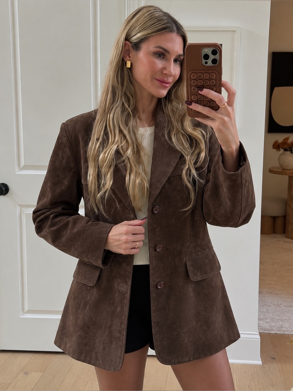 Vintage 90s Brown Suede Leather Blazer Size 14 Dark Academia Western Equestrian